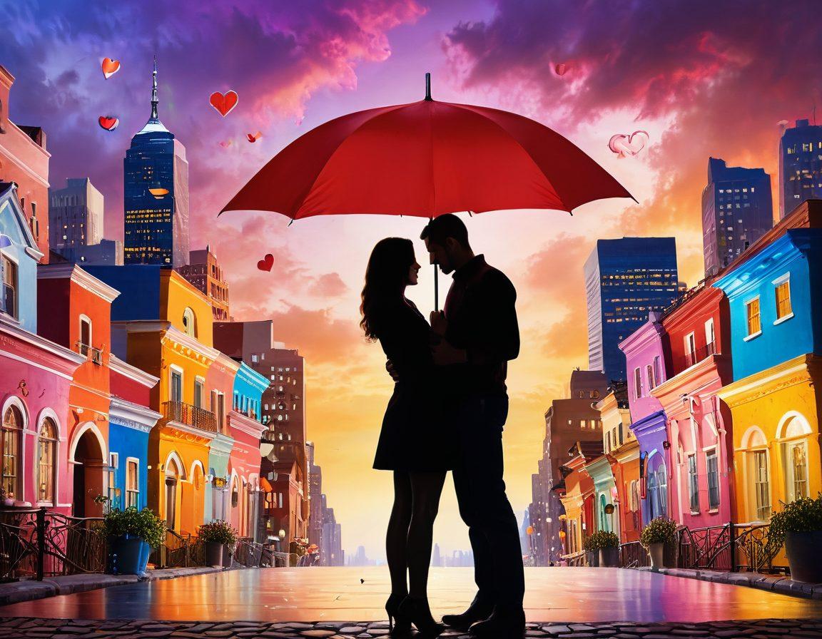 A loving couple standing under an umbrella, symbolizing protection, with a backdrop of a bright future represented by a colorful skyline. Incorporate elements like documents and heart icons floating around them to depict insurance and love. The couple should appear happy, conveying security and trust. Use warm tones and soft lighting to evoke a sense of comfort. super-realistic. vibrant colors.