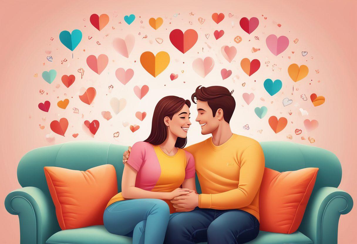 A warm and cozy illustration of a couple sitting together on a couch, surrounded by floating icons symbolizing various insurance options like health, home, and auto. Soft hearts and protective shields are subtly integrated into the background, creating an atmosphere of love and security. The couple looks confident and happy, symbolizing trust in their choices. Bright and inviting color palette enhances the sense of warmth. vector art. vibrant colors. soft focus.