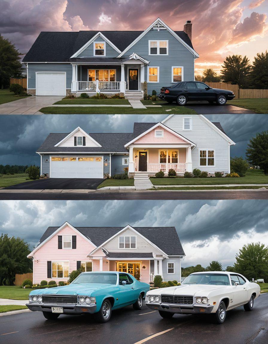 A split image featuring one side showcasing a warm, cozy home symbolizing love with family members, and the other side depicting potential risks like a car crash or flood symbolizing liability. The background should transition from serene pastel colors to darker, stormy hues, illustrating the contrast between love and liability. Include icons of various insurance options like health, auto, and home insurance floating gently around the scene. modern flat design. vibrant colors.
